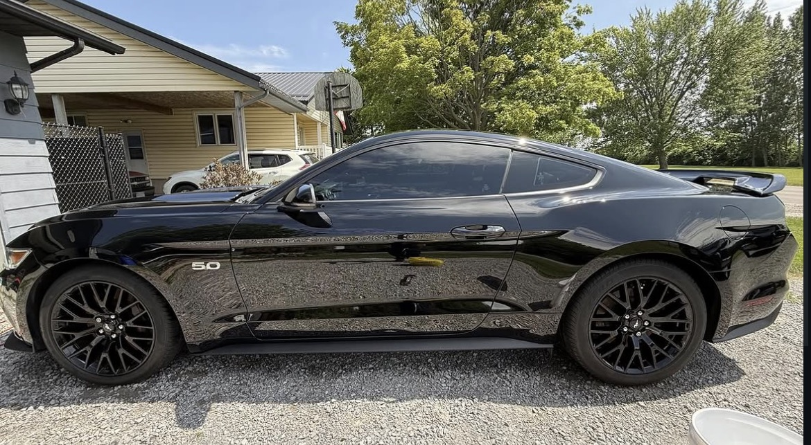 Mustang after detailing — glossy black finish
