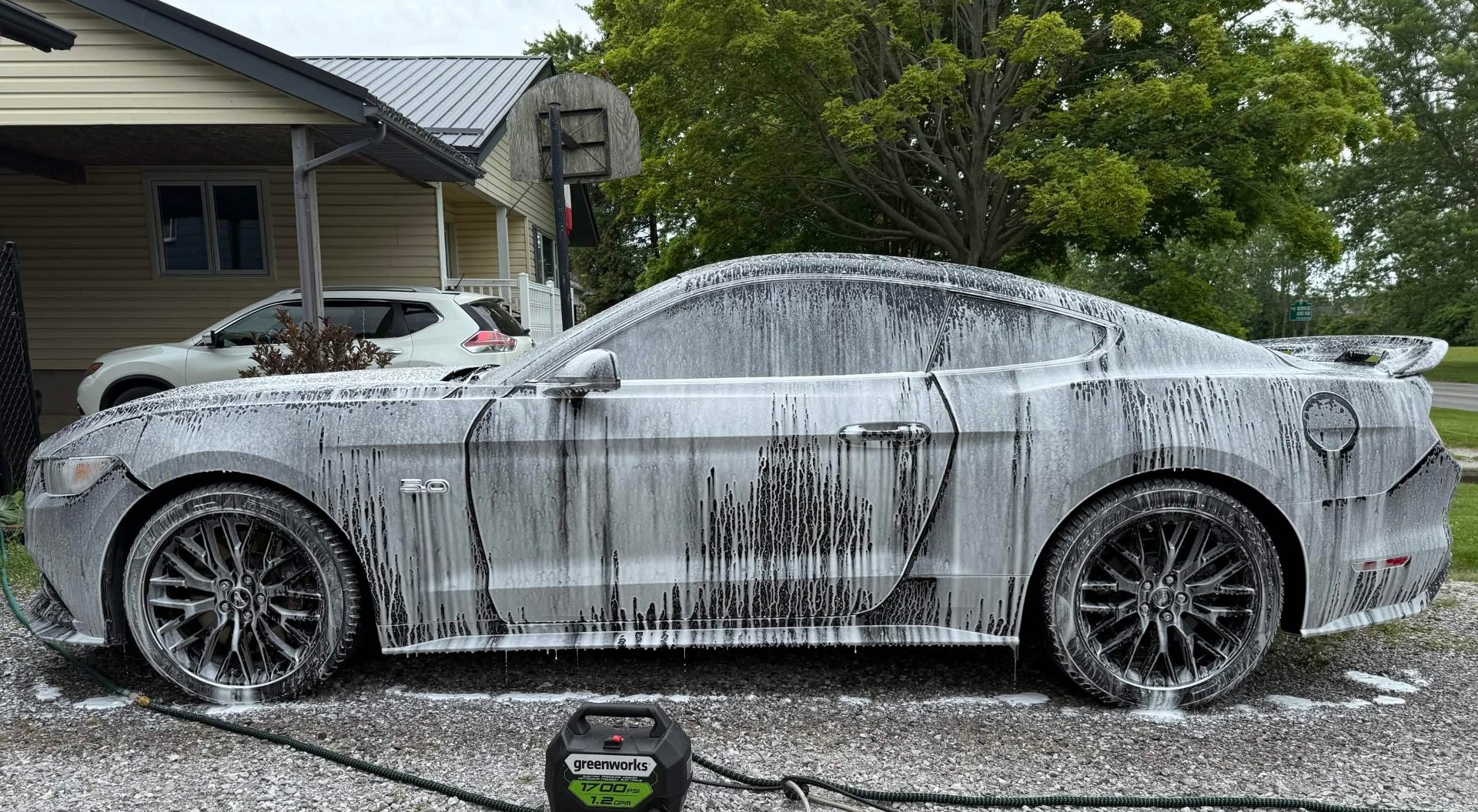 Mustang before detailing — soapy exterior wash